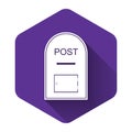 White Mail box icon. Post box icon isolated with long shadow. Purple hexagon button Royalty Free Stock Photo