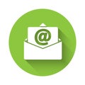 White Mail and e-mail icon isolated with long shadow. Envelope symbol e-mail. Email message sign. Green circle button Royalty Free Stock Photo