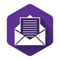 White Mail and e-mail icon isolated with long shadow. Envelope symbol e-mail. Email message sign. Purple hexagon button Royalty Free Stock Photo