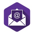 White Mail and e-mail icon isolated with long shadow. Envelope symbol e-mail. Email message sign. Purple hexagon button Royalty Free Stock Photo