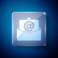 White Mail and e-mail icon isolated on blue background. Envelope symbol e-mail. Email message sign. Square glass panels Royalty Free Stock Photo