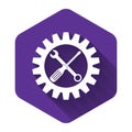 White Maintenance symbol - screwdriver, spanner and cogwheel icon isolated with long shadow. Service tool symbol