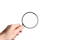 Hand holding a black magnifying glass isolated on white background