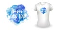 White male realistic t shirt with label. Travel world tour badge. Vector