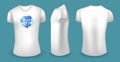 White male t shirt with label. Front, back and side view. Travel world tour badge. Vector