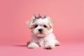 White maltese dog wearing silver crown with rubies on her head, laying in center of pink solid background. Royal queen dog