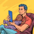 white man with black baby, a father and a child. multiethnic family. Homework, love and care