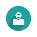 White Man face in a medical protective mask icon isolated with long shadow. Quarantine. Green circle button. Vector