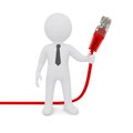 The white man holding a red network cable Royalty Free Stock Photo