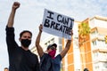 Barcelona, spain - 1 june 2020: white man marching with black lives matter movement holding i can`t breath banner Royalty Free Stock Photo