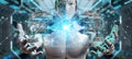 White man robot using robotics arms with digital screen 3D rendering Royalty Free Stock Photo
