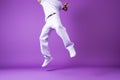 White man student dancer trendy male jump violet model fashion action modern lifestyle pose
