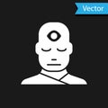 White Man with third eye icon isolated on black background. The concept of meditation, vision of energy, aura. Vector Royalty Free Stock Photo