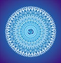 White mandala on a blue background. Vector openwork delicate drawing.