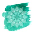 White mandala on green watercolor background