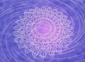 White mandala on a violet and purple vortex background.