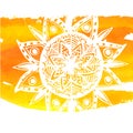 White mandala on yellow watercolor stroke. Symbol Royalty Free Stock Photo