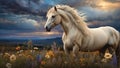 A white-maned horse walks through a field of flowers. Royalty Free Stock Photo