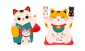 White Maneki Neko, Asian lucky cats set. Feng Shui, fortune, folklore toy cartoon vector illustration Royalty Free Stock Photo