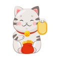 White Maneki-neko Cat with Collar Holding Gold Coin with Paw as Ceramic Japanese Figurine Bringing Good Luck Vector Royalty Free Stock Photo