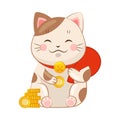 White Maneki-neko Cat with Collar Holding Red Sack as Ceramic Japanese Figurine Bringing Good Luck Vector Illustration Royalty Free Stock Photo