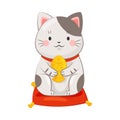 White Maneki-neko Cat Holding Gold Fish as Ceramic Japanese Figurine Bringing Good Luck Vector Illustration Royalty Free Stock Photo