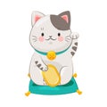 White Maneki-neko Cat with Raised Left Paw and Gold Coin as Ceramic Japanese Figurine Bringing Good Luck Vector Royalty Free Stock Photo