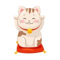 White Maneki-neko Cat with Raised Paws as Ceramic Japanese Figurine Bringing Good Luck Vector Illustration Royalty Free Stock Photo