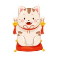White Maneki-neko Cat Ringing Bell as Ceramic Japanese Figurine Bringing Good Luck Vector Illustration Royalty Free Stock Photo