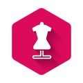 White Mannequin icon isolated with long shadow. Tailor dummy. Pink hexagon button. Vector