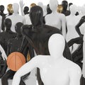 A white mannequin sits on a background of a group of different black and white mannequins. 3D rendering Royalty Free Stock Photo