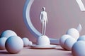 White mannequin standing in front of circle of white balls. Generative AI