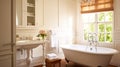 White manor bathroom decor, interior design and home decor, bathtub and bathroom furniture, English country house and cottage Royalty Free Stock Photo