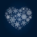 White many snowflakes in the shape of a heart on dark blue background. Vector lace banner Royalty Free Stock Photo
