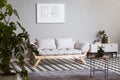 White map on grey wall in fashionable living room interior with scandinavian futon