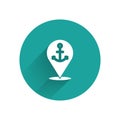 White Map pointer with anchor icon isolated with long shadow. Green circle button. Vector Royalty Free Stock Photo