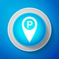 White Map pointer with car parking sign isolated on blue background. Circle blue button with white line. Vector Royalty Free Stock Photo