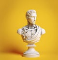 a white marble bust of robot on a yellow background, 3d