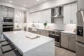 white marble countertops and stainless steel appliances in sleek and stylish kitchen