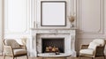 White Marble Fireplace with Burning Fire and Two Armchairs Royalty Free Stock Photo