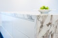 White marble kitchen counter top showing mitred corner edge profile in contemporary designer kitchen