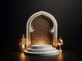 white marble podium, and arabian lantern dark background, ai generated Royalty Free Stock Photo