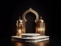 white marble podium, and arabian lantern dark background, ai generated Royalty Free Stock Photo