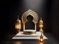 white marble podium, and arabian lantern dark background, ai generated Royalty Free Stock Photo