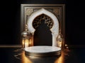 white marble podium, and arabian lantern, islamic gate, dark background, ai generated Royalty Free Stock Photo