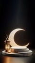 white marble podium with blue crystal, peach rose and islamic lantern, ai generated