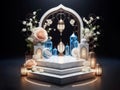 white marble podium with blue crystal, peach rose and islamic lantern, ai generated