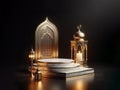 white marble podium, and burning arabian lantern dark background, ai generated Royalty Free Stock Photo