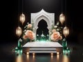 white marble podium with green crystal, peach roses and islamic lantern, ai generated Royalty Free Stock Photo
