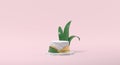 White marble podium with leaves pink background 3D rendering